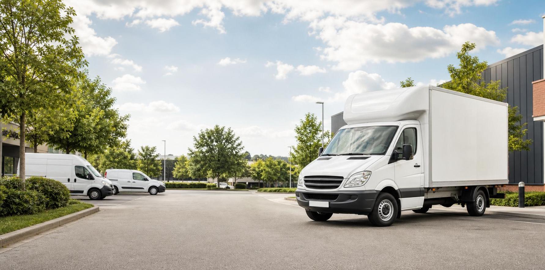 Clean Luton van and hire fleet vehicles in a modern roadside commercial setting near Camberley