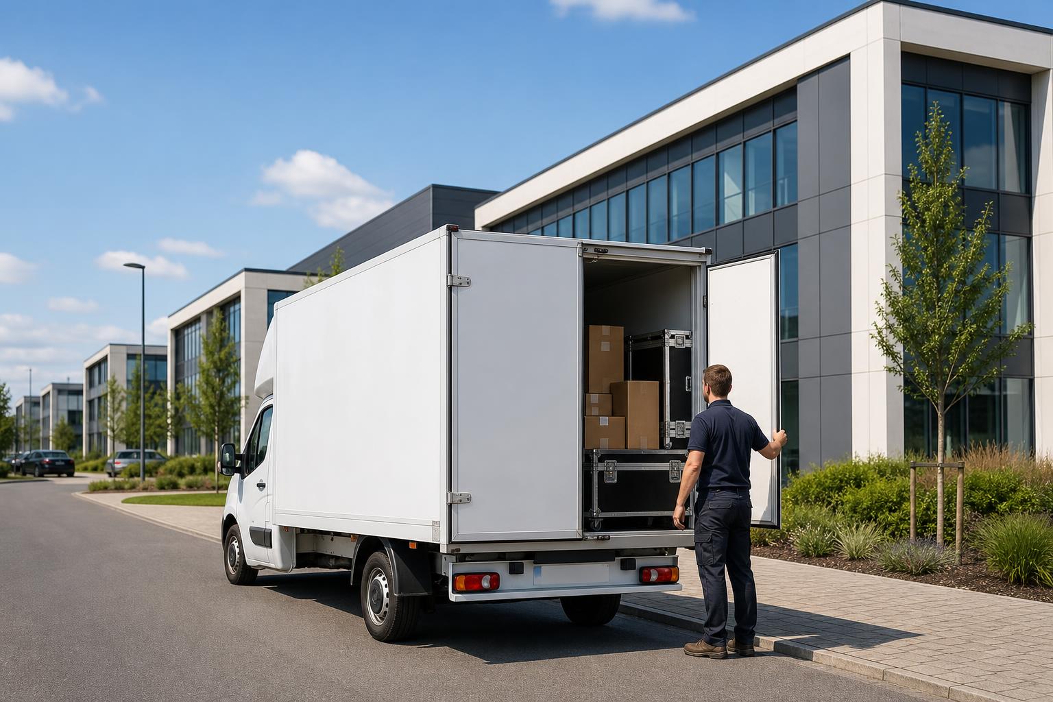White Luton van making a business delivery at a modern commercial estate in Bracknell